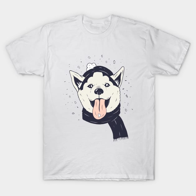 Husky Puppy Christmas Snowing Design T-Shirt by chinnyuee